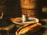 a painting of bread and a cup of coffee on a table