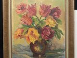 une peinture de fleurs dans un vase sur une table