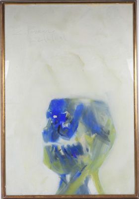 an oil painting of a blue flower in a vase on a table