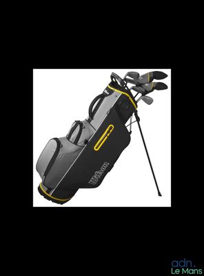a close up of a bag of golf clubs on a white background