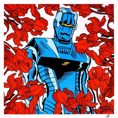 a painting of a robot surrounded by red flowers on a white background