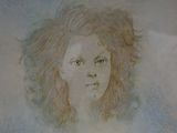 painting of a woman ' s face with long red hair and blue eyes