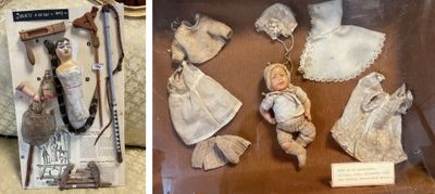 two pictures of a doll in a glass case