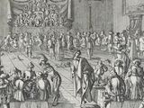 a drawing of a large group of people in a large room