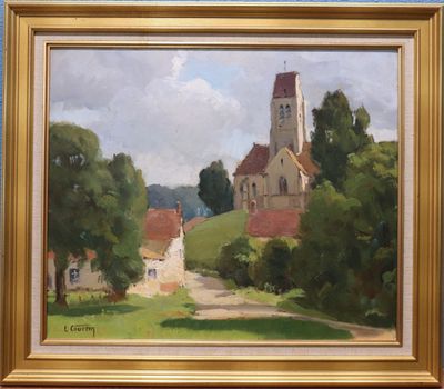 an oil painting of a church on a hill with trees in the foreground
