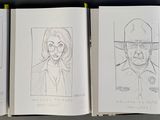 three pages of a book with a drawing of a man and a woman