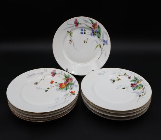 11 assiettes anciennes en porcelaine filet or décor de fleurs