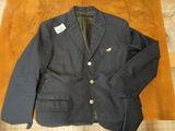 navy blue blazer jacket with gold buttons on the lapel and lapel