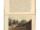 un livre ouvert sur lequel figure l'image d'un village et d'une calèche