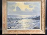 an oil painting of a beach scene with waves coming in from the ocean