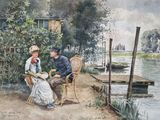 a painting of a man and a woman sitting on a bench by the water