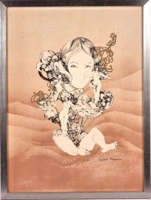 une image représentant le dessin d'une femme avec des fleurs dans les cheveux