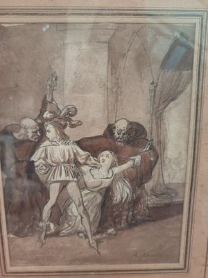 Ecole Française "L'enlèvement", lavis sur papier brun, porte…