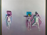 painting of three women in bathing suits on a easel in front of a wall
