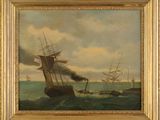 an oil painting of two ships in the ocean with smoke coming out of them