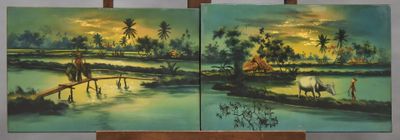 two paintings of a painting of a farm scene on a wooden easel