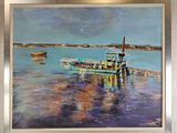 a painting of a boat on the water by the shore