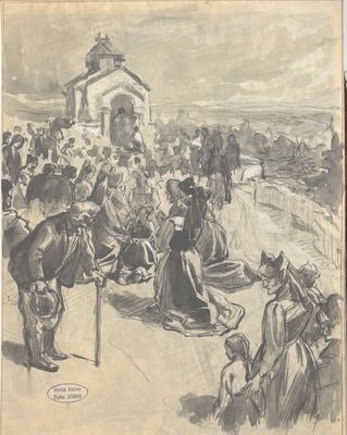an old drawing of a group of people standing around a church