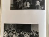 an open book with pictures of children in a classroom and a black and white photo of a classroom