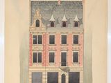 an old drawing of a building with a clock on the top of it
