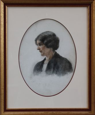 a painting of a man in a black jacket is shown in a gold frame
