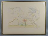 painting of a white horse running with a pink flower in its mouth