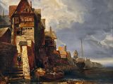 une peinture d'un bateau dans l'eau près d'un bâtiment