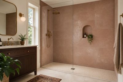 une salle de bains équipée d'un lavabo, d'un miroir et d'une douche