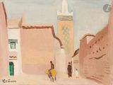 tableau représentant une scène de rue avec une personne portant une planche de surf