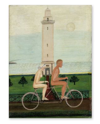 a painting of a man riding a bike next to a light house