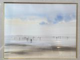 tableau représentant une scène de plage avec des personnes marchant dans l'eau