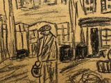 drawing of a man standing in front of a row of buildings