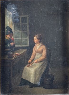 un vieux tableau représentant une femme assise devant une fenêtre