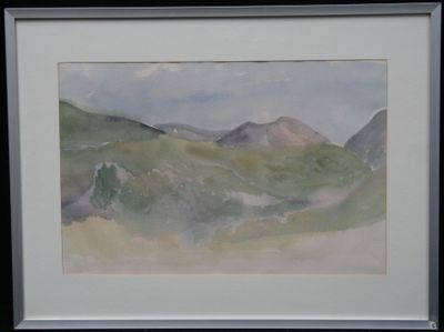 a watercolor painting of a mountain scene in a white frame