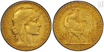 a gold coin with a woman ' s head and a rooster on it