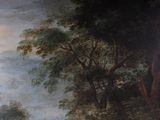 a painting of a man riding a horse in a wooded area