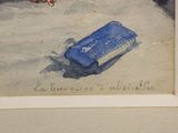 a picture of a painting of a blue suitcase in the snow