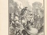 an old book with a picture of a man on a horse in a field