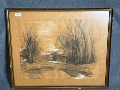 dessin représentant un paysage avec des arbres et une maison au loin