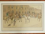 painting of a group of men riding horses in front of a building