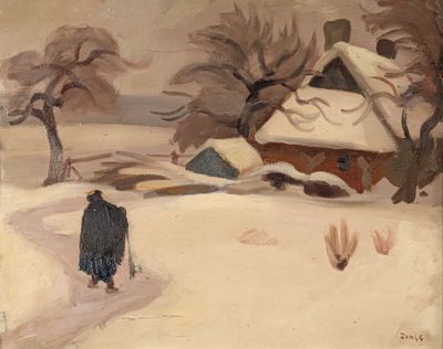 tableau représentant une personne marchant dans la neige près d'une maison