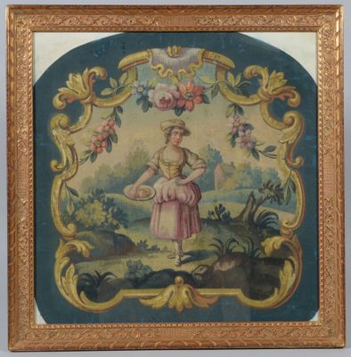 painting of a woman with a basket of flowers in a landscape