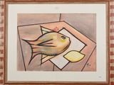 painting of a cat sitting on a table with a piece of fruit
