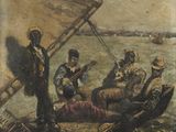 une peinture représentant un groupe de personnes sur un bateau dans l'eau