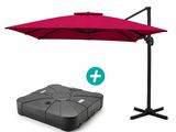 une image représentant un parapluie rouge et une valise noire sur fond blanc
