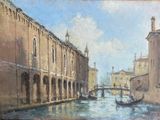 painting of a canal with a gondola in the middle of it