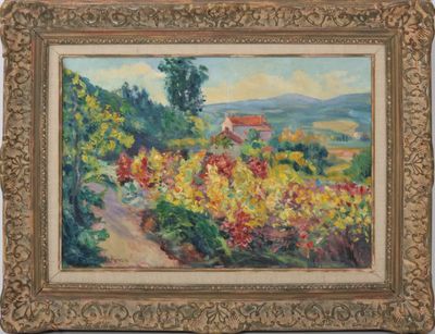 une peinture à l'huile représentant une route de campagne avec des fleurs au premier plan