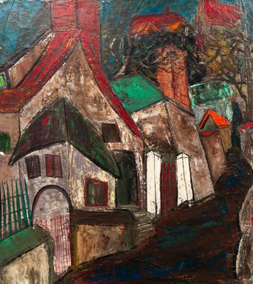 an image of a painting of a street with houses and trees in the background