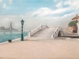 une peinture représentant un pont au-dessus d'une étendue d'eau