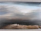 an oil painting of a lighthouse on a rocky beach under a cloudy sky